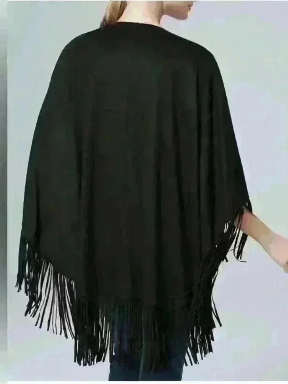 Black Faux Suede Fringe Trimmed Ruana Wrap One Size NWT